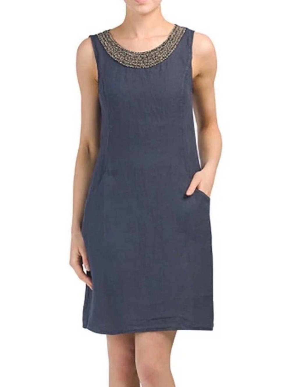 Lina Tomei Linen Navy EUC Sleeveless Beaded Shift Dress Navy Sz L Resort Cruise